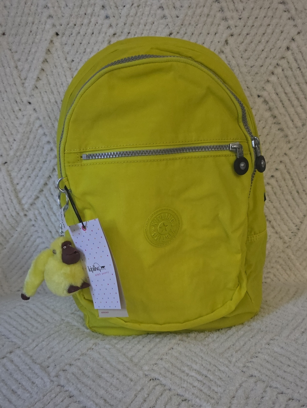 Kipling Neon Yellow Kids Backpack with Plush Monkey Charm